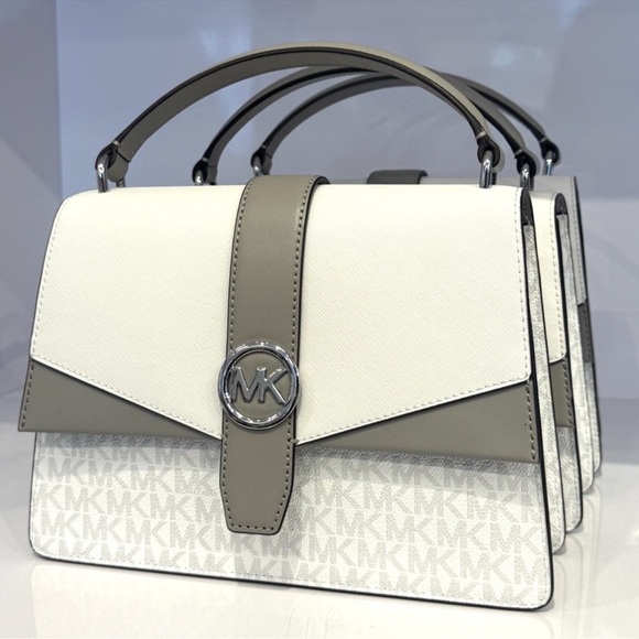 Michael Kors Greenwich Medium Color-Block Logo Satchel Bag Optic White Multi - Picture 3 of 9